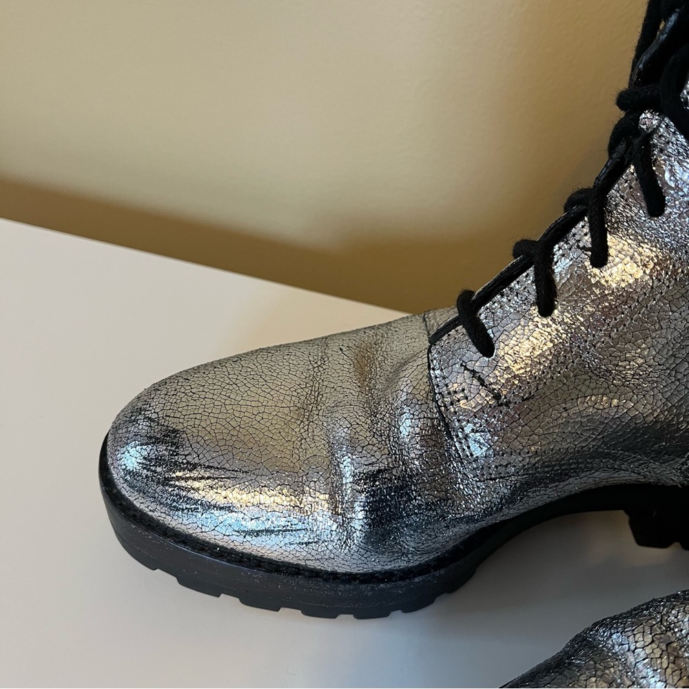 Michael Kors Collection Gita Crackled Silver Metallic Leather Combat Booties - Picture 2 of 13